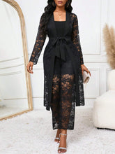 Black Lace Open-Front Long Jacket With Waist Belt & Lace Wide-Leg Pants Set